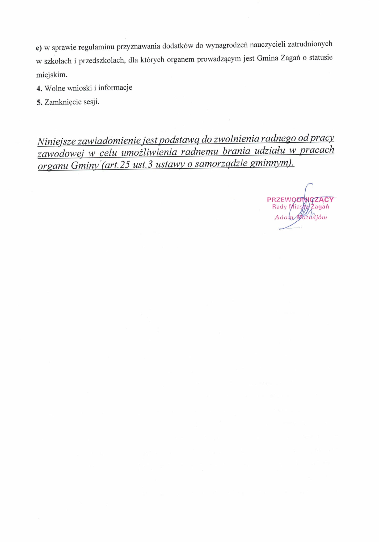 Porządek obrad nadzwyczajnej sesji Rady Miasta Żagań