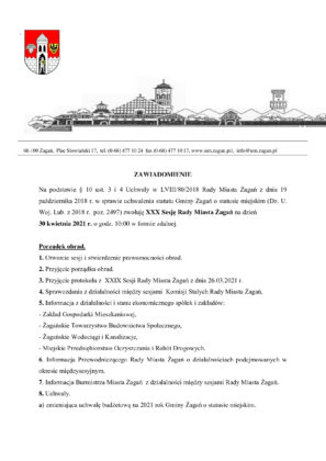 Zawiadomienie o XXX sesji Rady Miasta Żagań