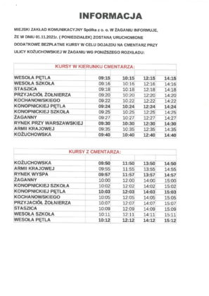 Rozkład jazdy na 1 listopada