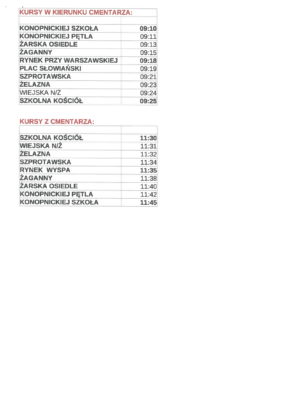 Rozkład jazdy na 1 listopada