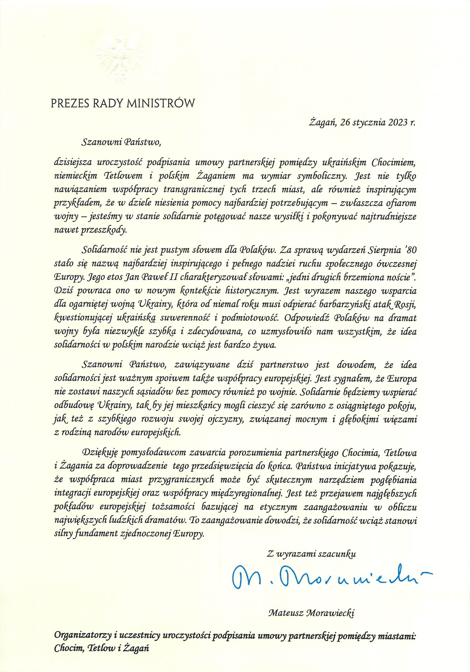 List Prezesa Rady Ministrów Mateusza Morawieckiego