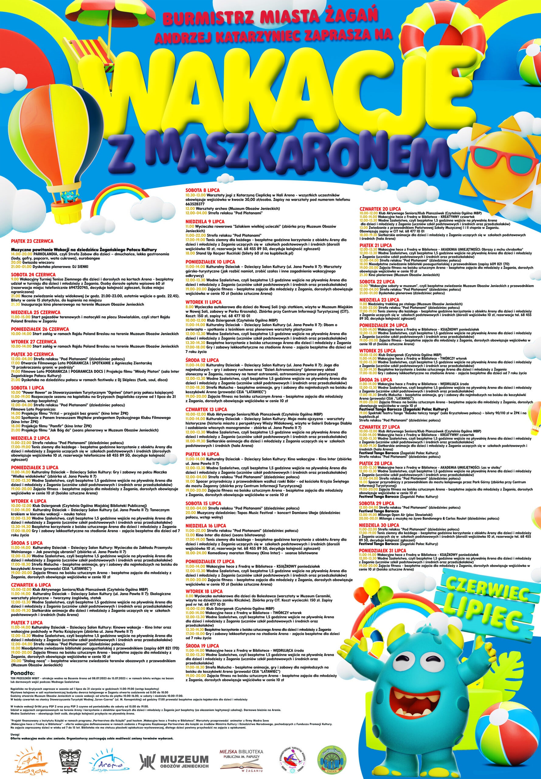 Wakacje z maszkaronem plakat lipiec