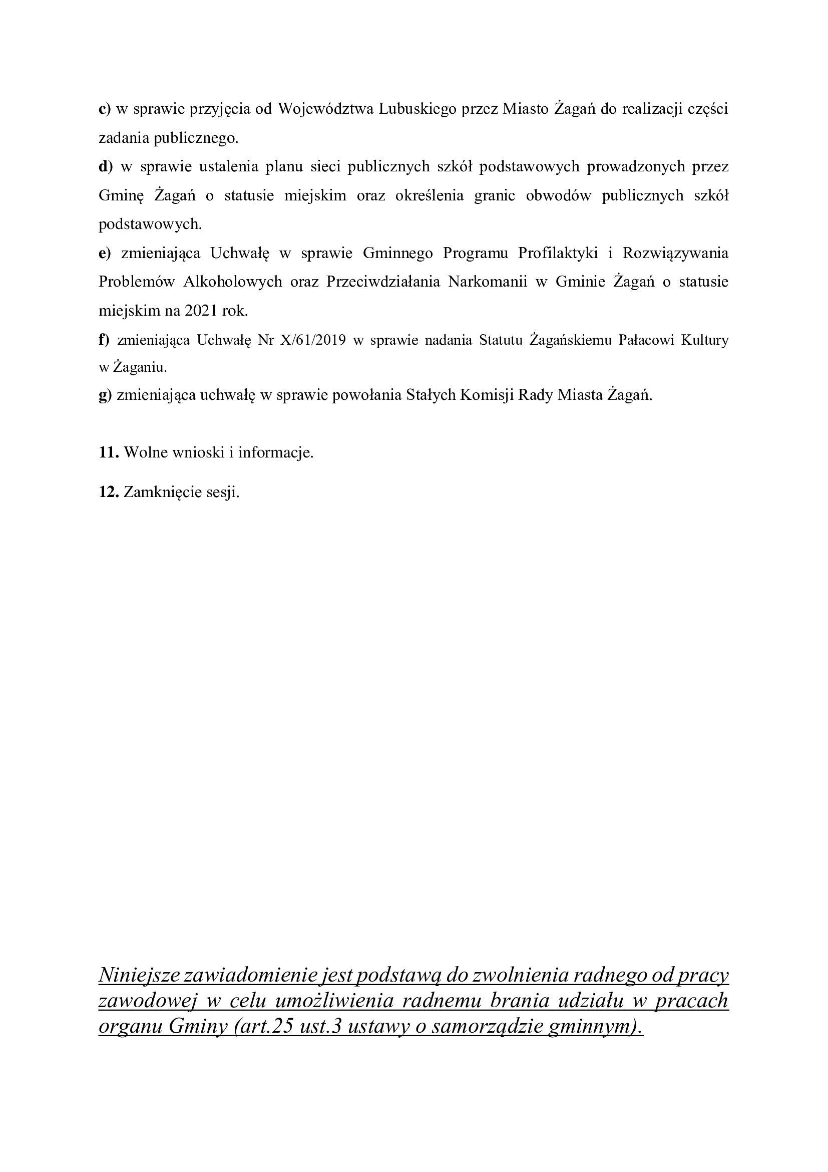 Porządek obrad XXVIII sesji Rady Miasta Żagań