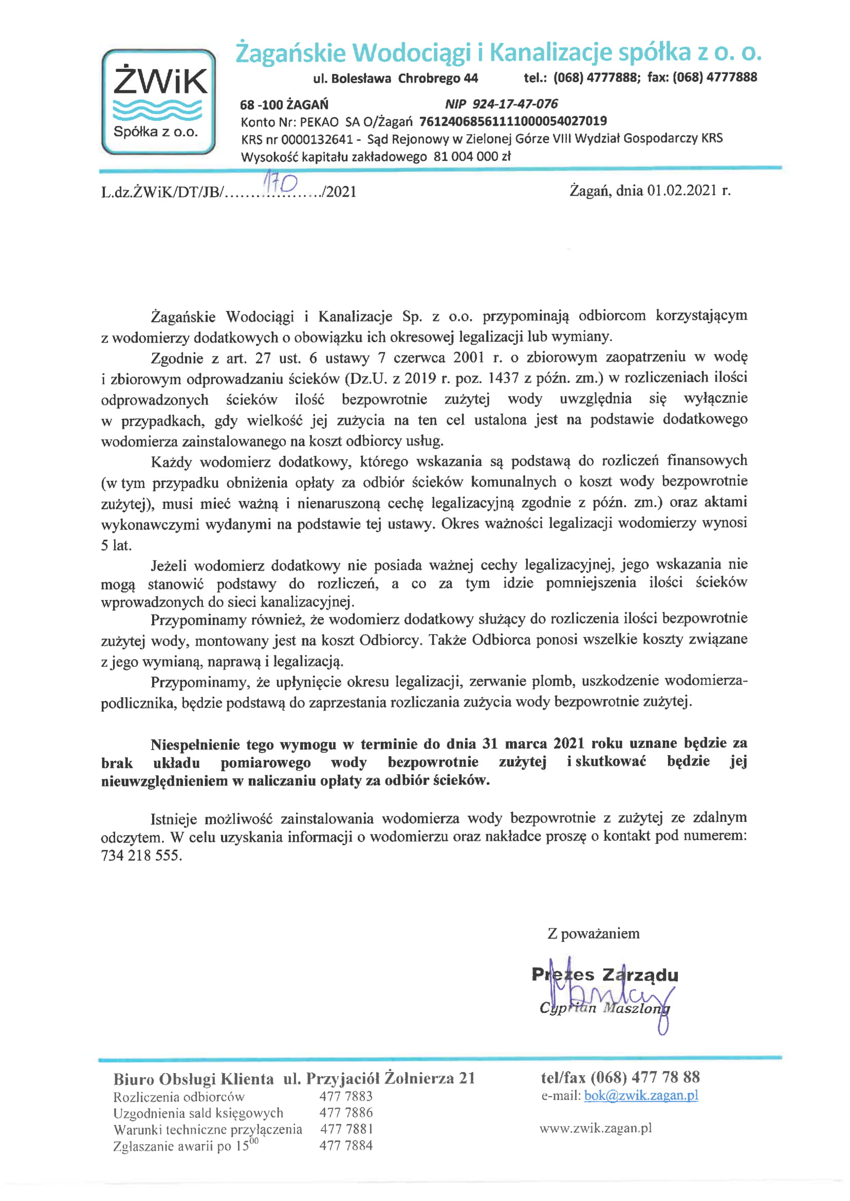 Pismo w sprawie konieczności legalizacji podliczników do końca marca 2021 roku