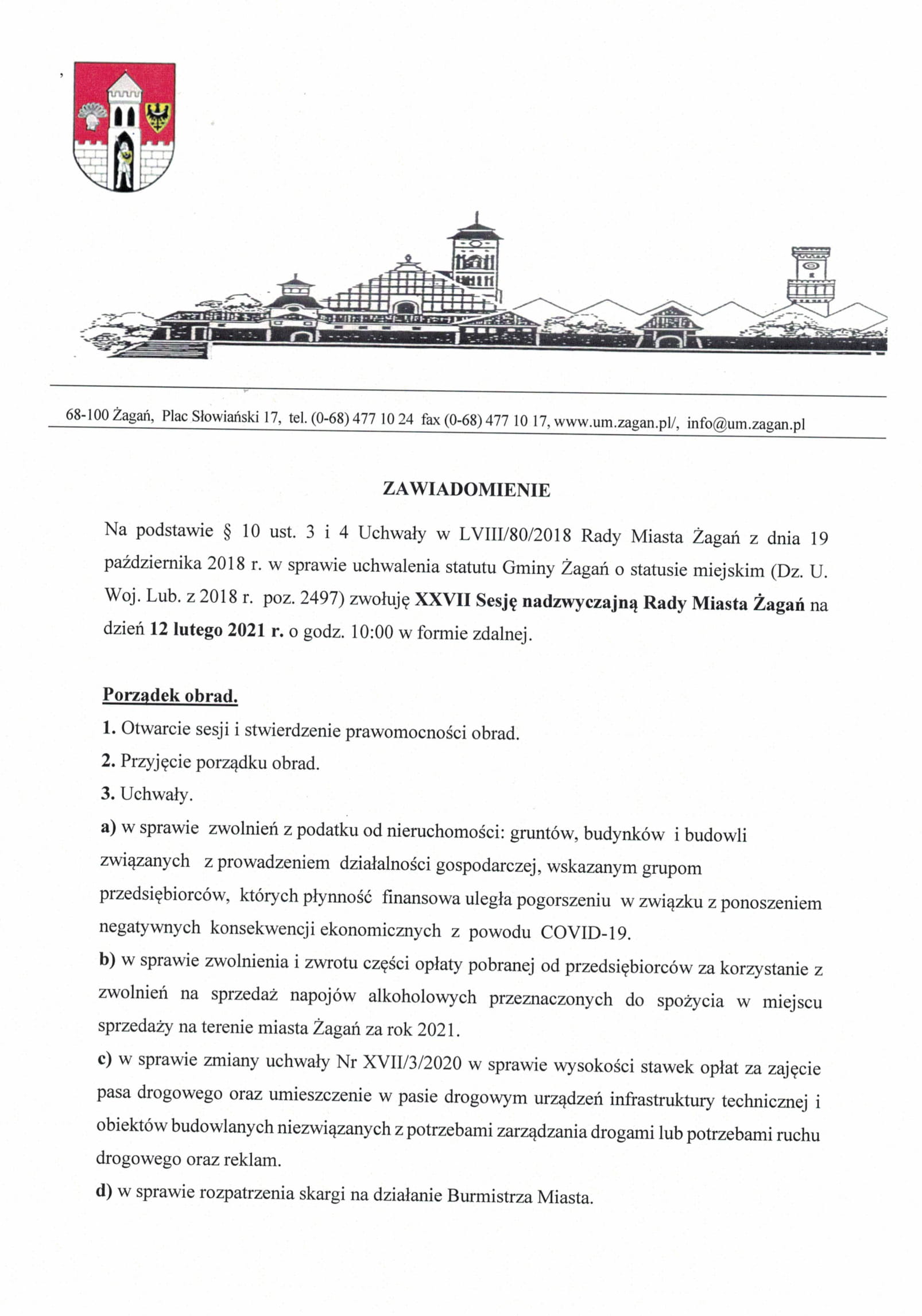 Porządek obrad nadzwyczajnej sesji Rady Miasta Żagań