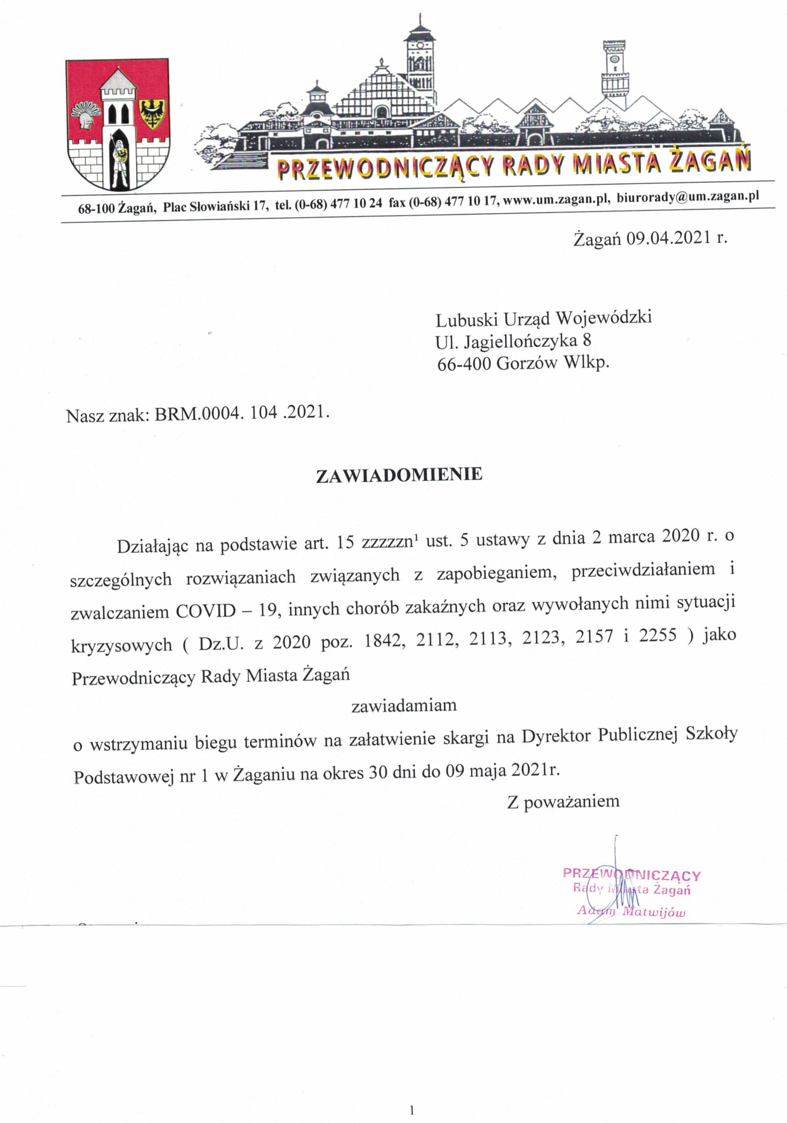 Zawiadomienie Przewodniczącego Rady Miasta Żagań skierowane do Lubuskiego Urzędu Wojewódzkiego