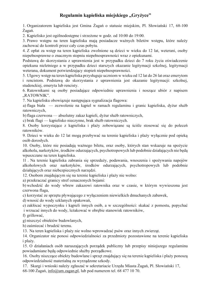 Gryżyce regulamin kąpieliska